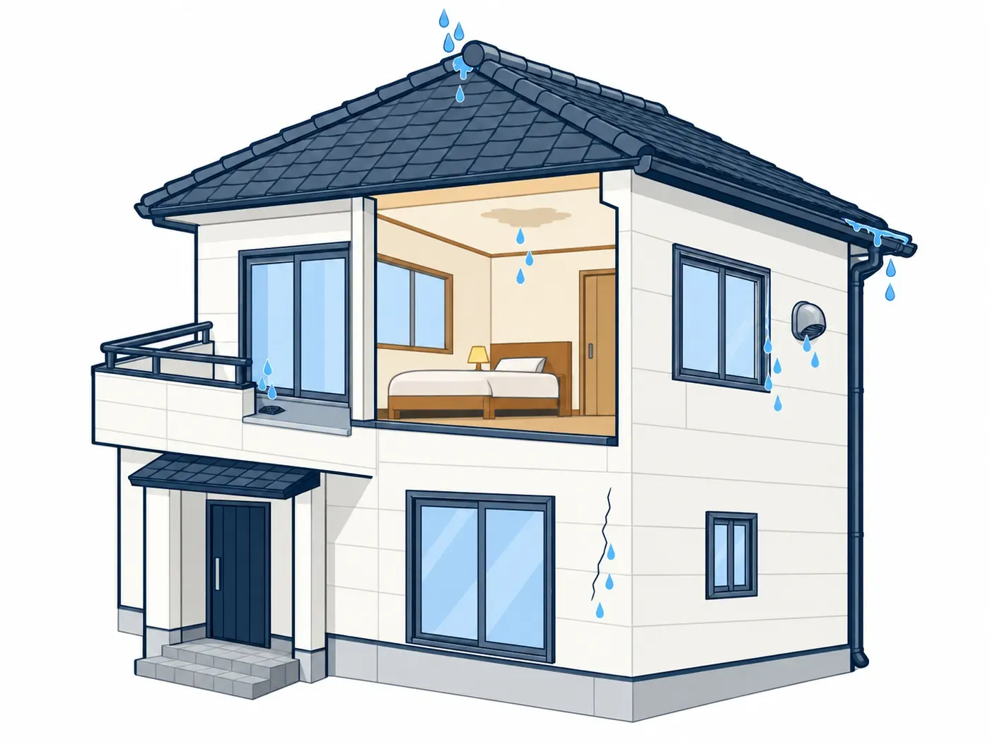 2階建ての家の断面。外壁のひび・窓サッシまわり・ベランダの排水口・換気フード・軒先の雨どい・屋根の棟の6か所から水が入り、2階の天井にしみが出ている図