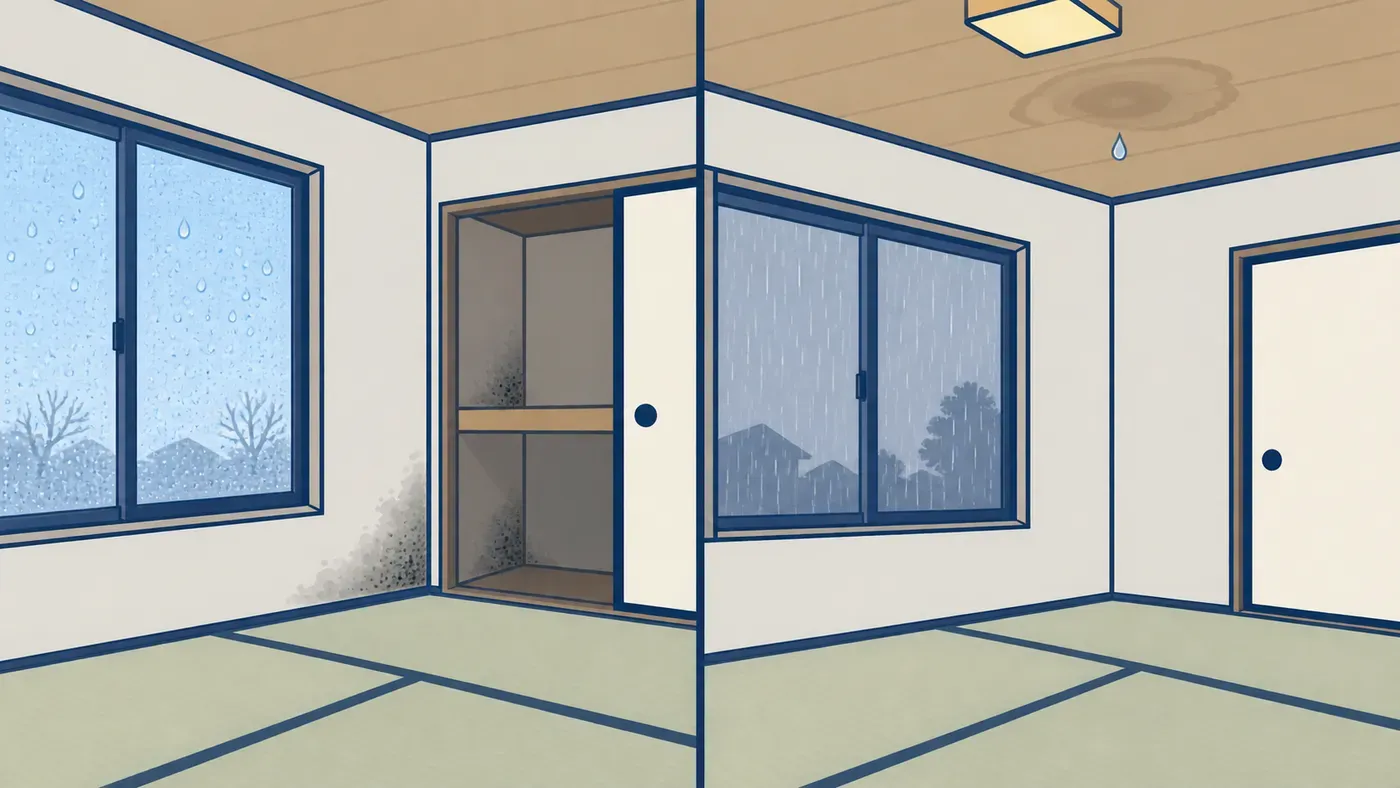 結露と雨漏りの比較イラスト。左は晴れた冬の朝、窓ガラス一面の水滴と、壁の隅や押入れの中のカビ（結露）。右は雨の日、窓の外は雨で、室内側の窓ガラスに水滴はなく、天井の真ん中に輪じみとしずく（雨漏り）