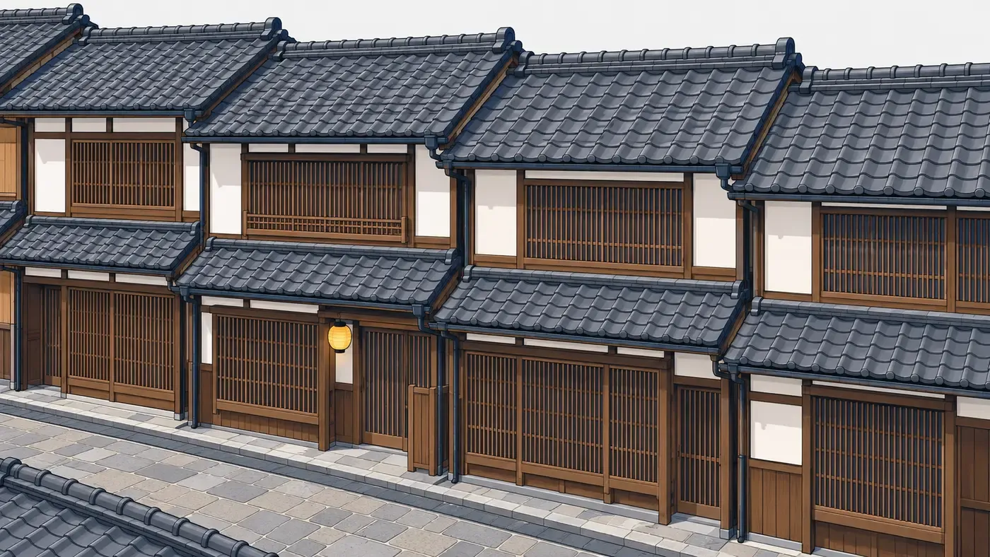 瓦屋根の町家が隙間なく並ぶ通り