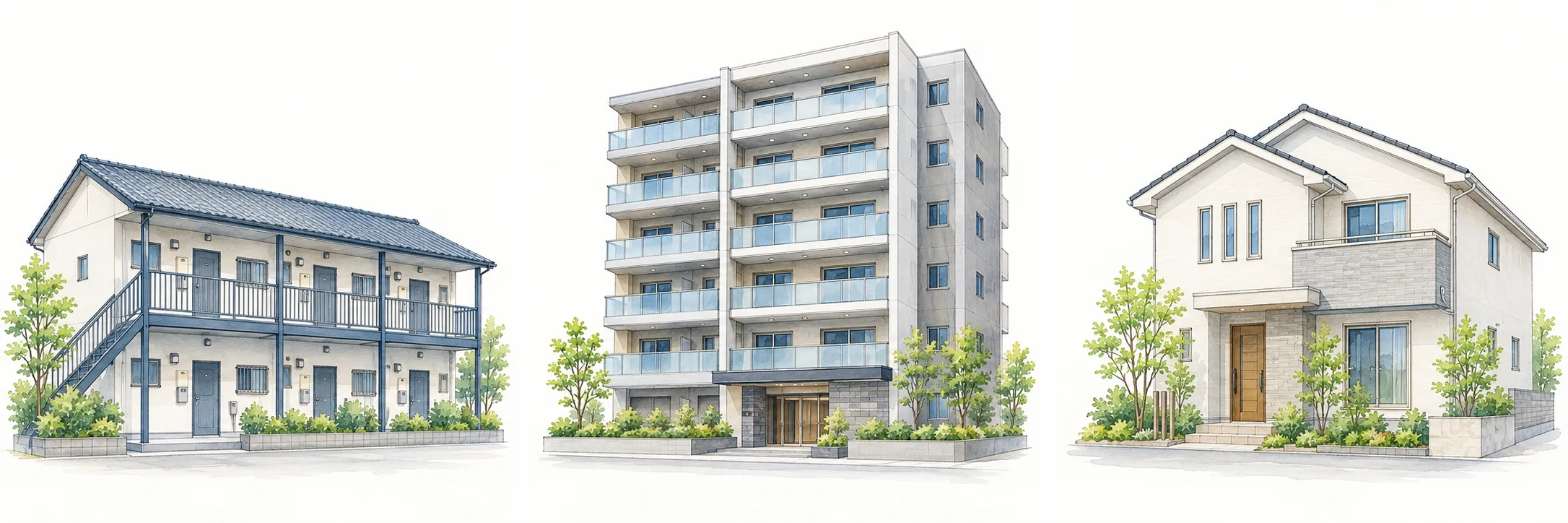 左から、賃貸住宅、マンション、新しい戸建て住宅を並べたイラスト