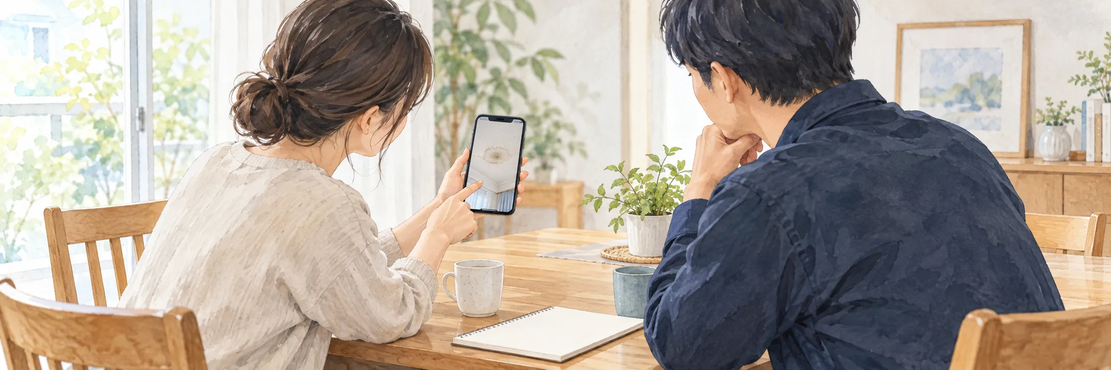 天井のしみの写真をスマートフォンで見せながら相談する様子のイラスト