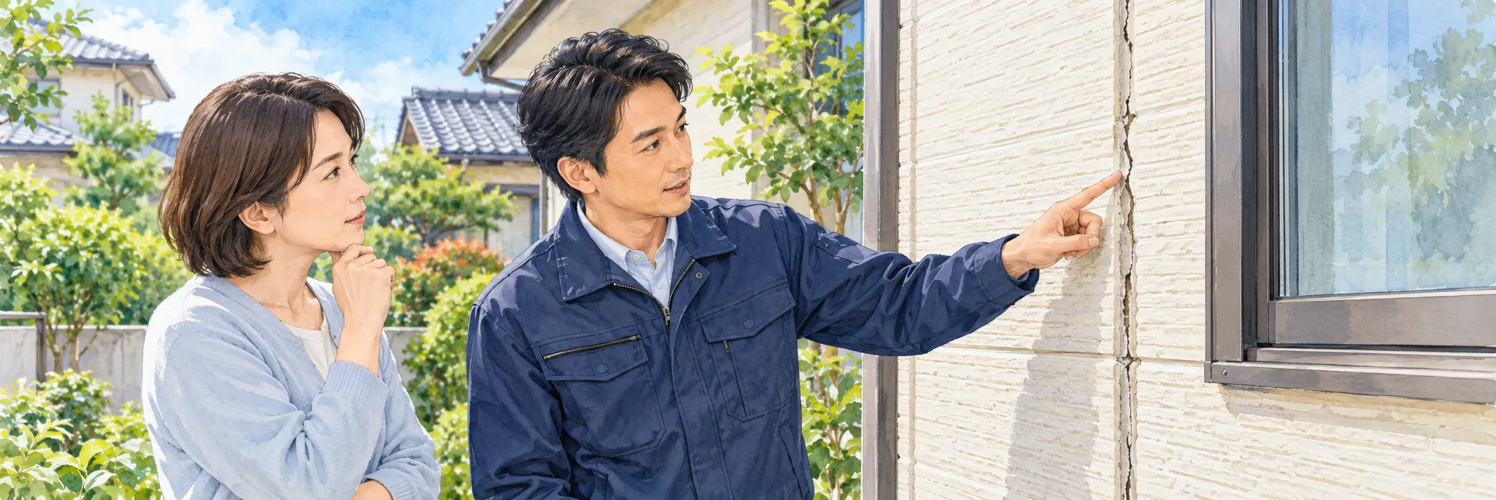 外壁と窓まわりの傷んだコーキングを点検する住人と専門家のイラスト