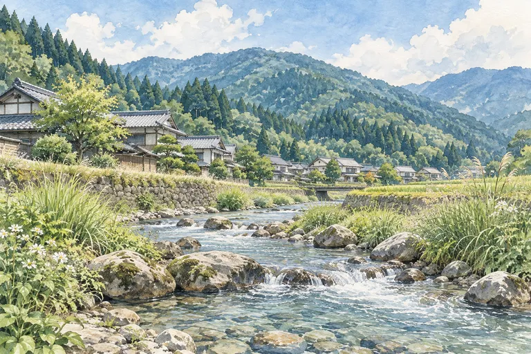 綾部の里山と川沿いの集落をモチーフにしたイラスト