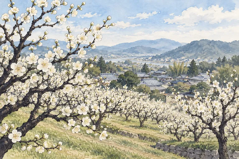 城陽の梅林と白い梅の花をモチーフにしたイラスト