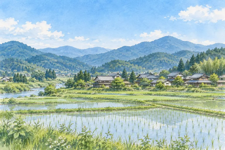亀岡の山並みと田園風景をモチーフにしたイラスト