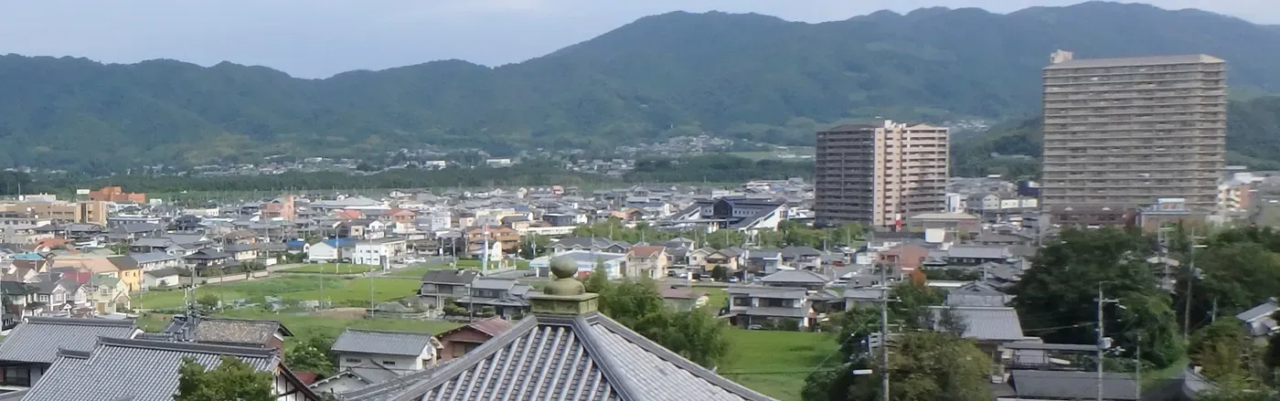 木津川市加茂町の町並みを高台から見た風景。瓦やスレートの屋根の家と田んぼが広がり、右にマンション、奥に山並み