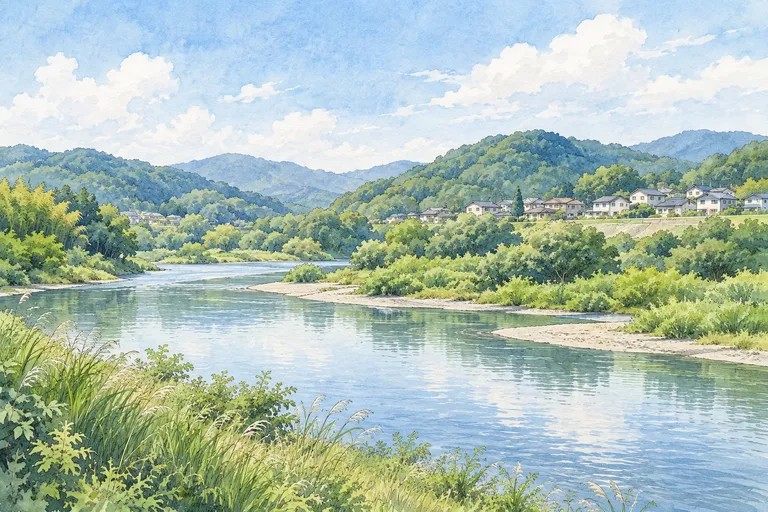 木津川の川辺と住宅地をモチーフにしたイラスト