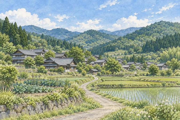 京丹波の里山と田園、瓦屋根の集落をモチーフにしたイラスト