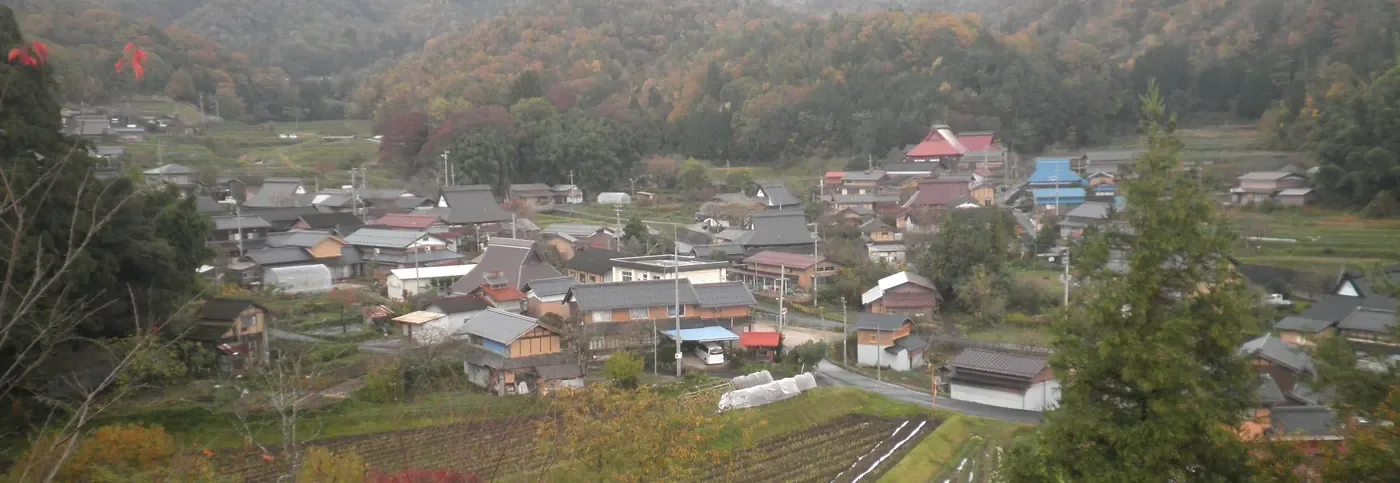 京丹後市大宮町の山あいの集落。瓦やトタンの屋根の家が集まり、手前に紅葉と畑、背後に山