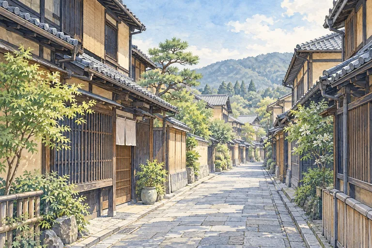 京都の町家と石畳の路地をモチーフにしたイラスト