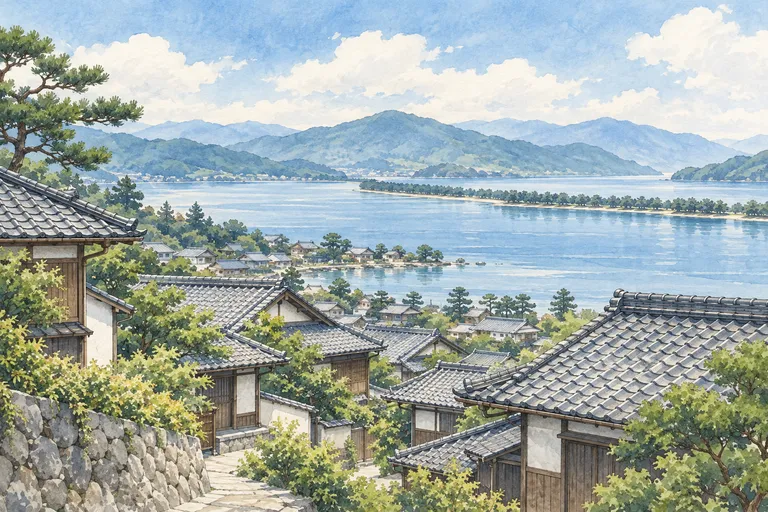 宮津の海辺の街並みと松林のある海岸をモチーフにしたイラスト
