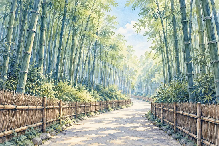 向日の竹林と散策路をモチーフにしたイラスト