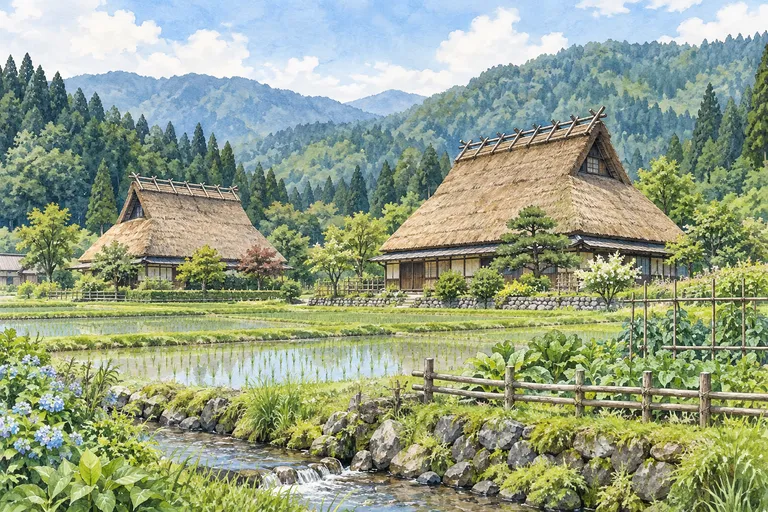 南丹のかやぶき屋根と里山をモチーフにしたイラスト