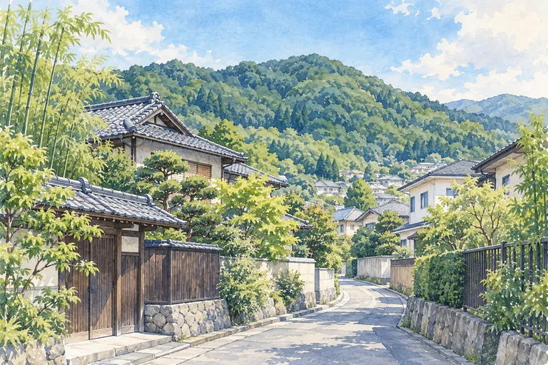 大山崎の山麓の住宅街をモチーフにしたイラスト