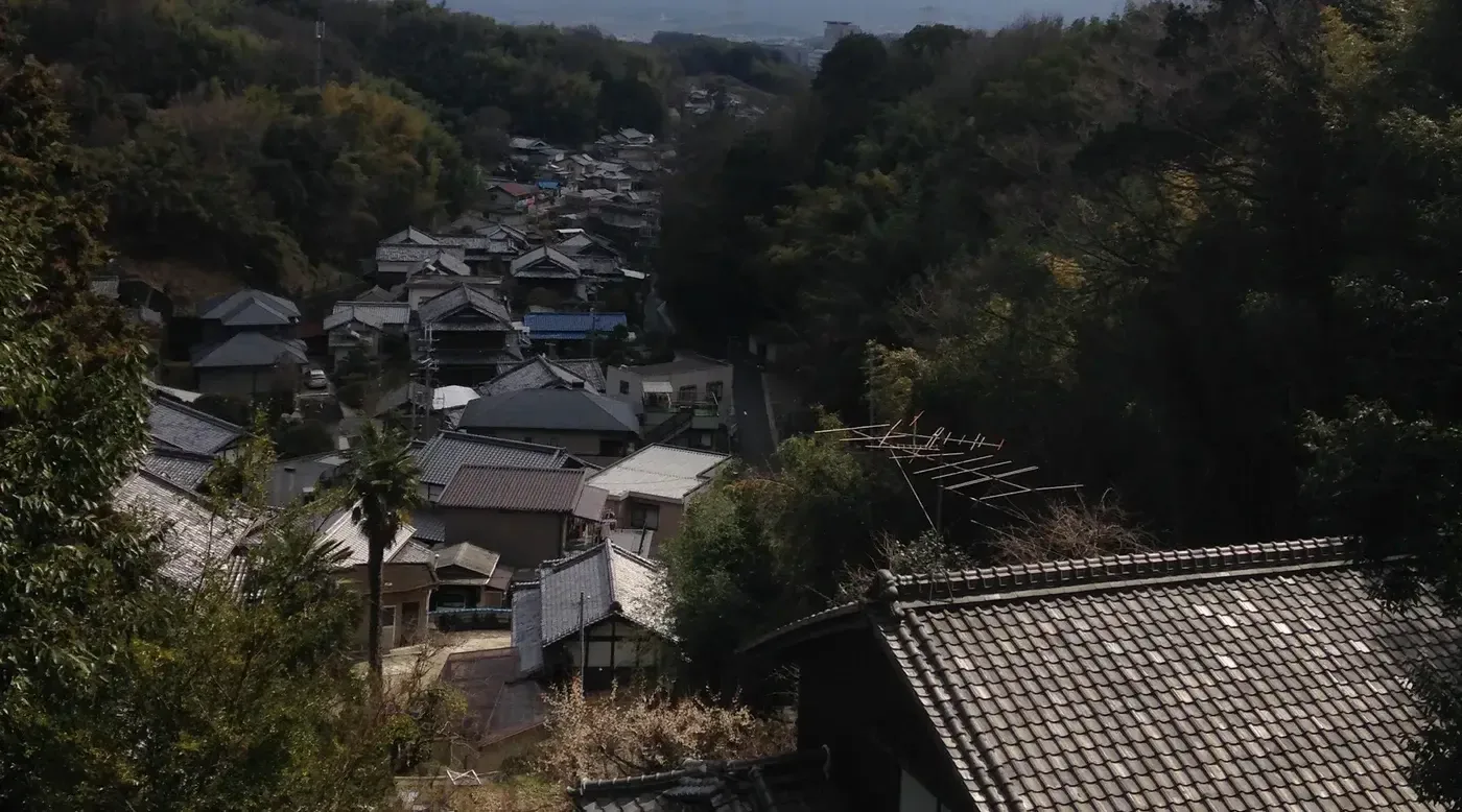 精華町の谷あいの住宅地を高台から見下ろした風景。手前に大きな瓦屋根、谷に沿って瓦やスレートの屋根の家が並び、両側は林