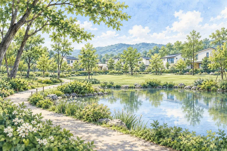 精華の緑豊かな公園と住宅街をモチーフにしたイラスト