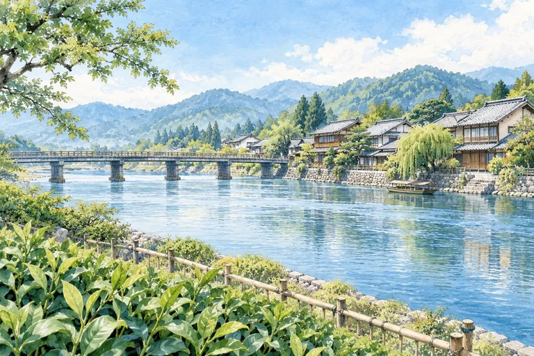 宇治川沿いの街並みとお茶の葉をモチーフにしたイラスト