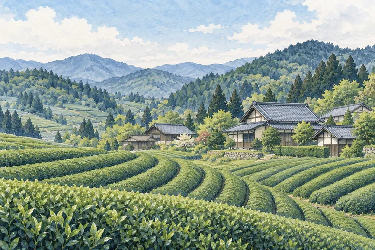 宇治田原の茶畑と山あいの集落をモチーフにしたイラスト