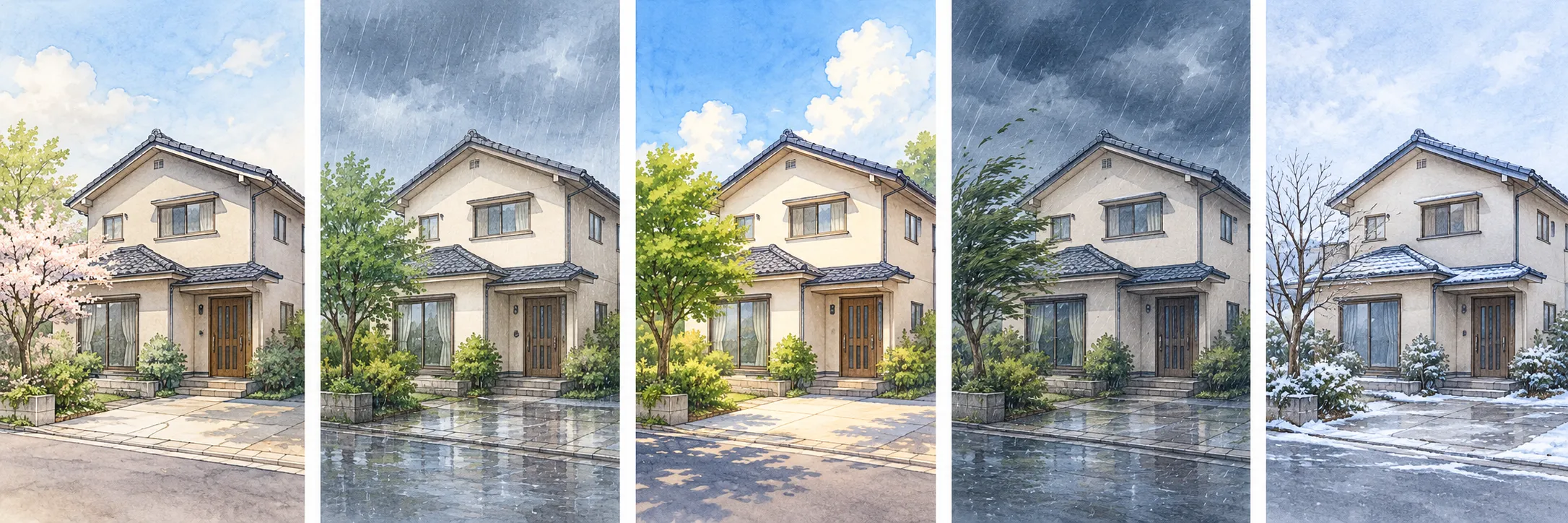 左から、穏やかな春、雨の続く梅雨、日差しの強い夏、雨風の強い台風の時期、冷え込む冬に同じ住宅を並べたイラスト