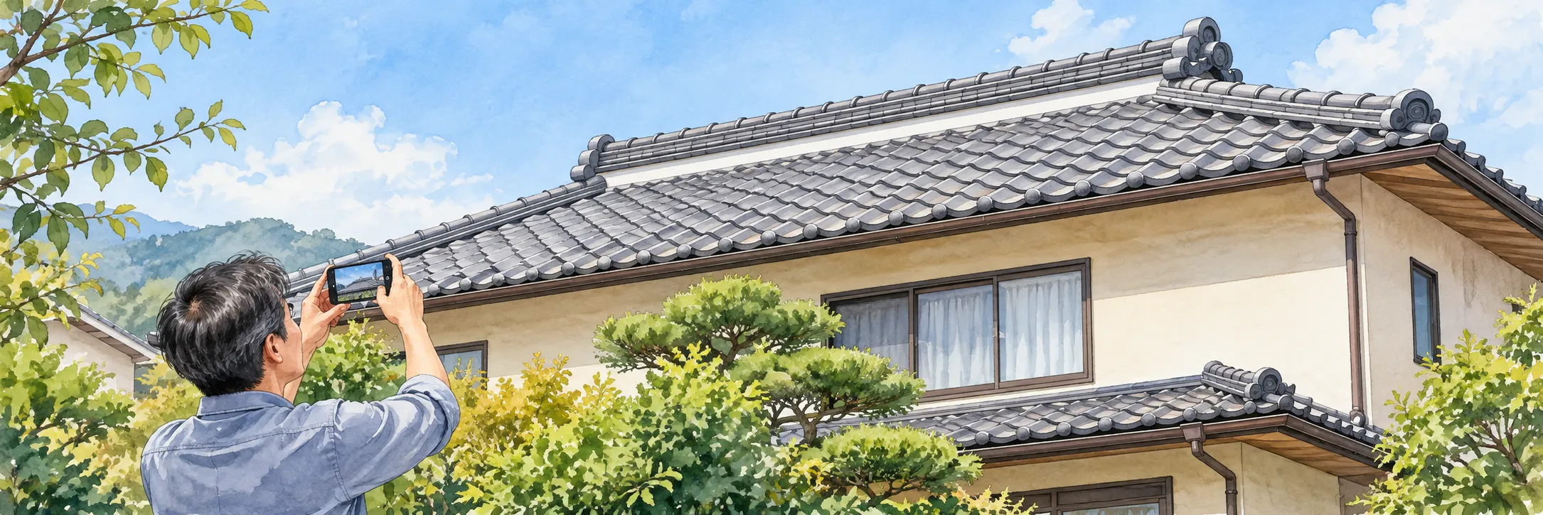 地上からスマートフォンで瓦屋根を撮影する住人のイラスト