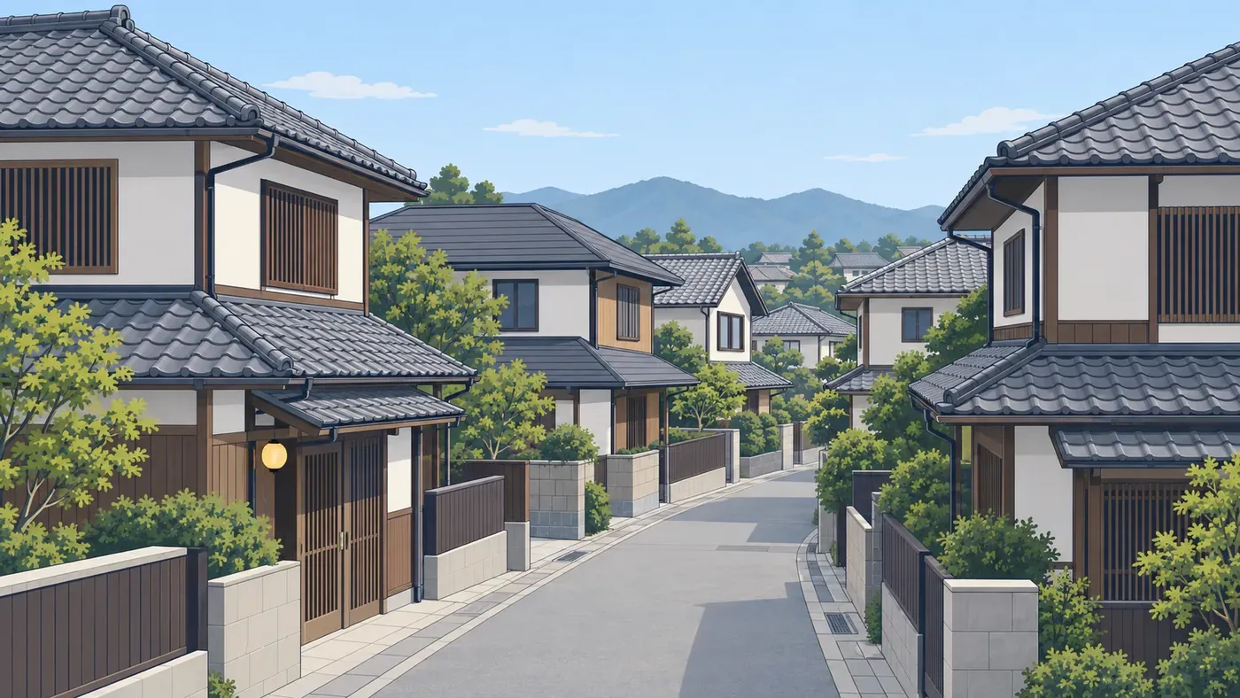 つやのない灰色の瓦の勾配屋根と、軒・庇のある2階建ての家が並ぶ住宅地の道。奥に山並み