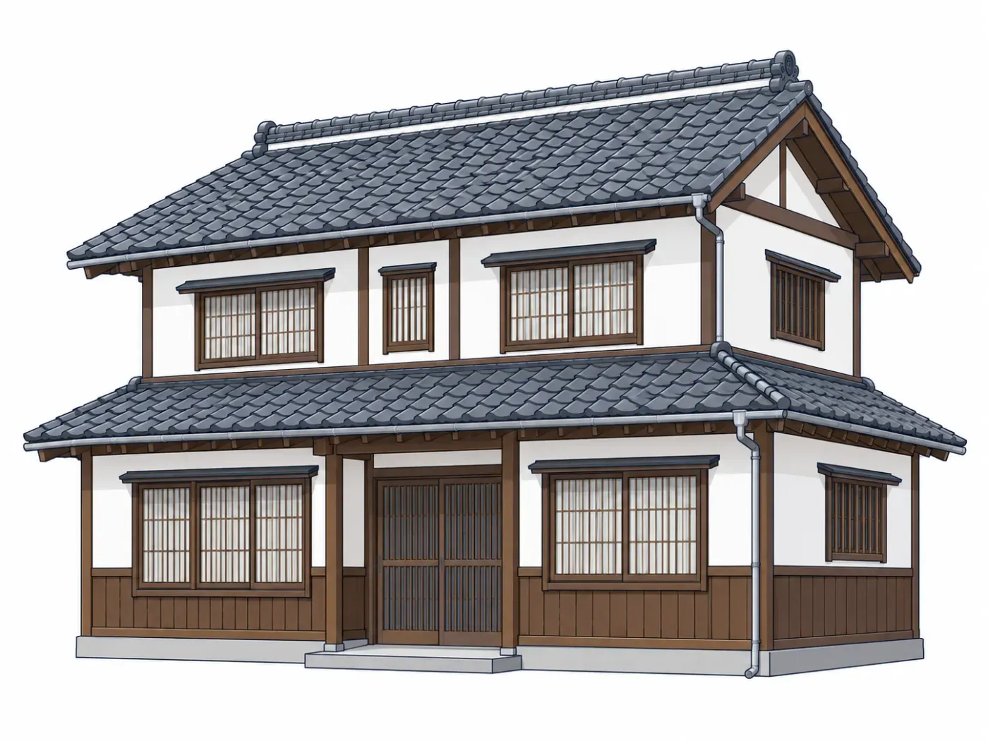 京町家風の2階建て住宅の瓦屋根を斜めから見た図。棟のいちばん上に丸瓦を積んだ棟瓦、その下に白い漆喰の帯、屋根一面に並ぶ瓦、軒先の横どい、外壁を伝う縦どいが描かれている
