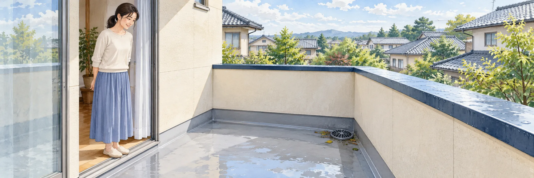 雨上がりのベランダの床と排水口を、室内の入口から確認する住人のイラスト