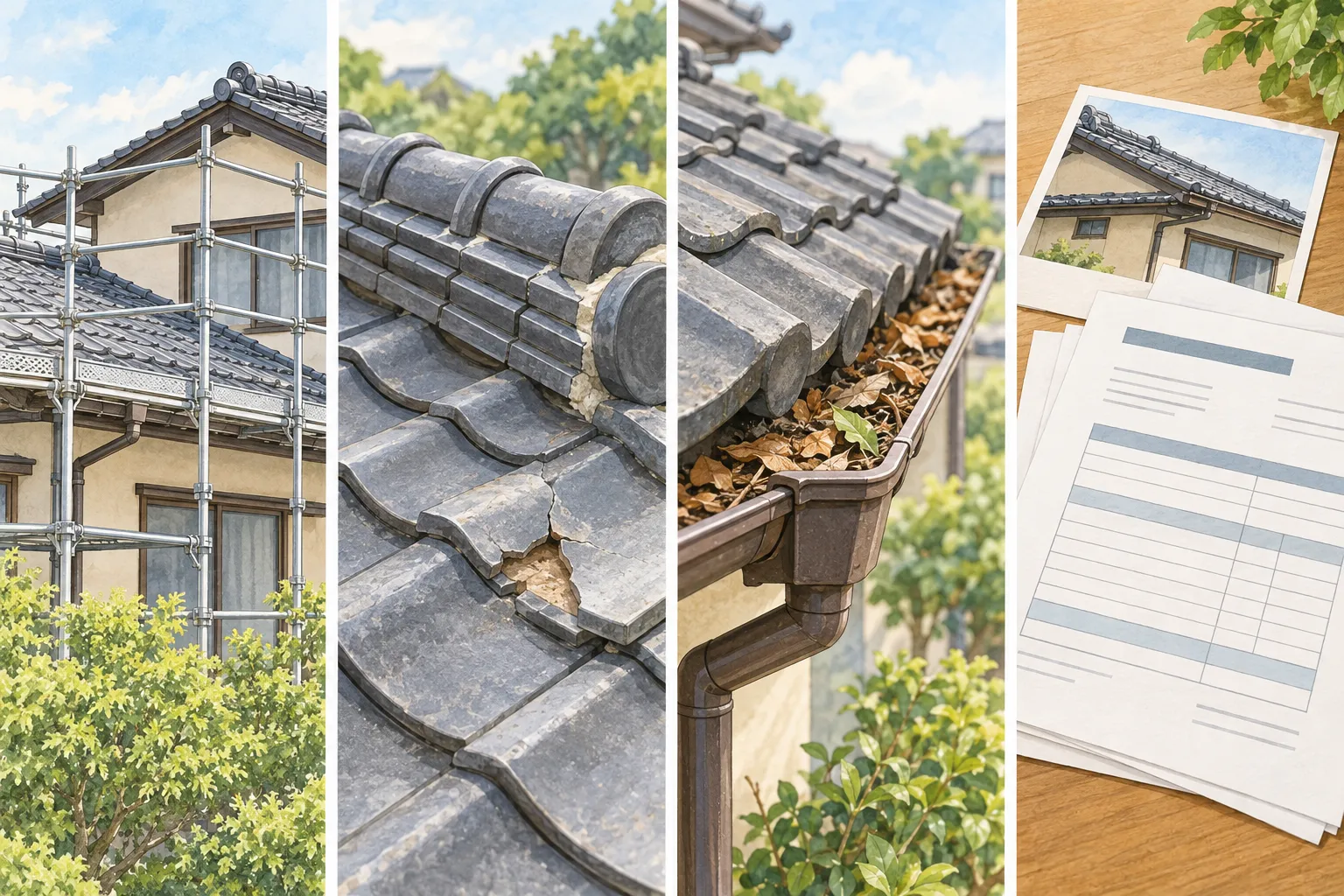 左から、足場、瓦屋根の棟と割れた瓦、落ち葉の詰まった雨樋、屋根写真と見積書を示す4つのイラスト