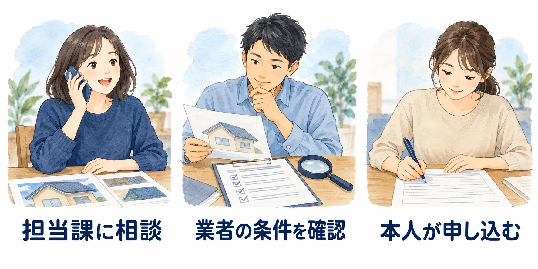 左から、担当課に電話で相談する住人、業者の条件を確認する住人、本人が申し込み書類に記入する様子のイラスト
