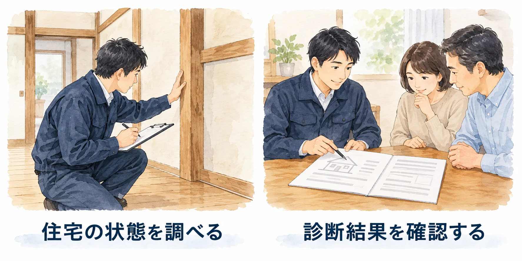 左は木造住宅の柱や壁を確認して記録する調査員、右は住人と診断結果の書類を確認する様子のイラスト