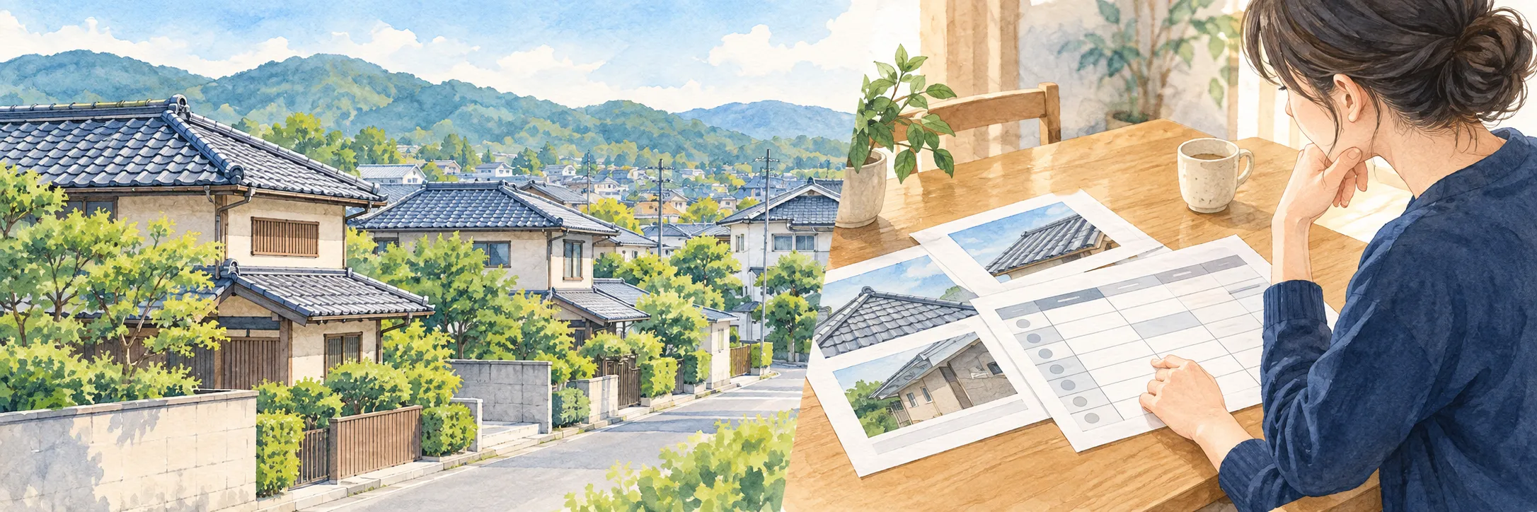 京都府の住宅街と、屋根の資料や比較表を確認する住人のイラスト