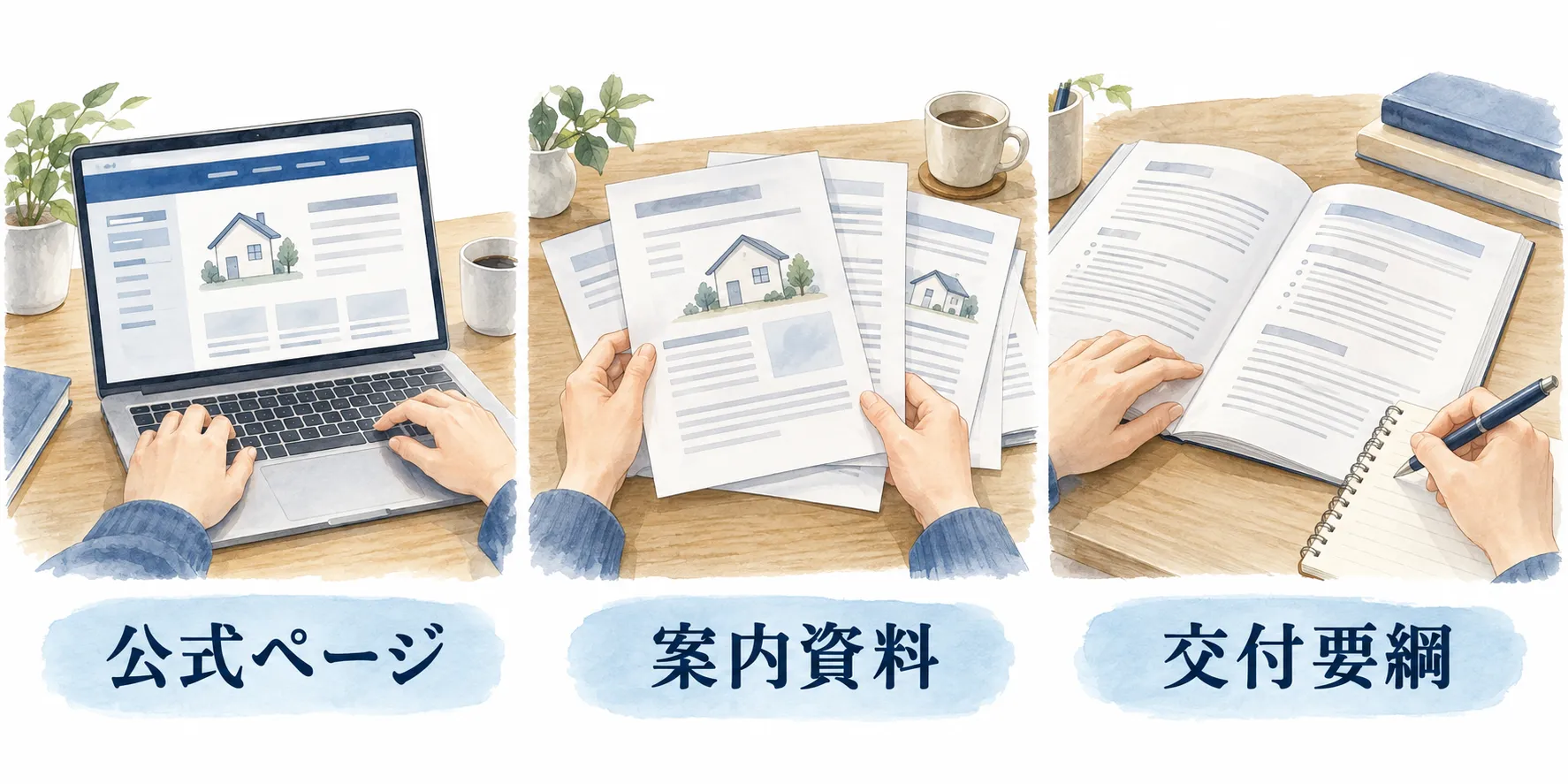 左から、パソコンで公式ページを確認する手元、案内資料を読む手元、交付要綱を確認してメモを取る手元のイラスト