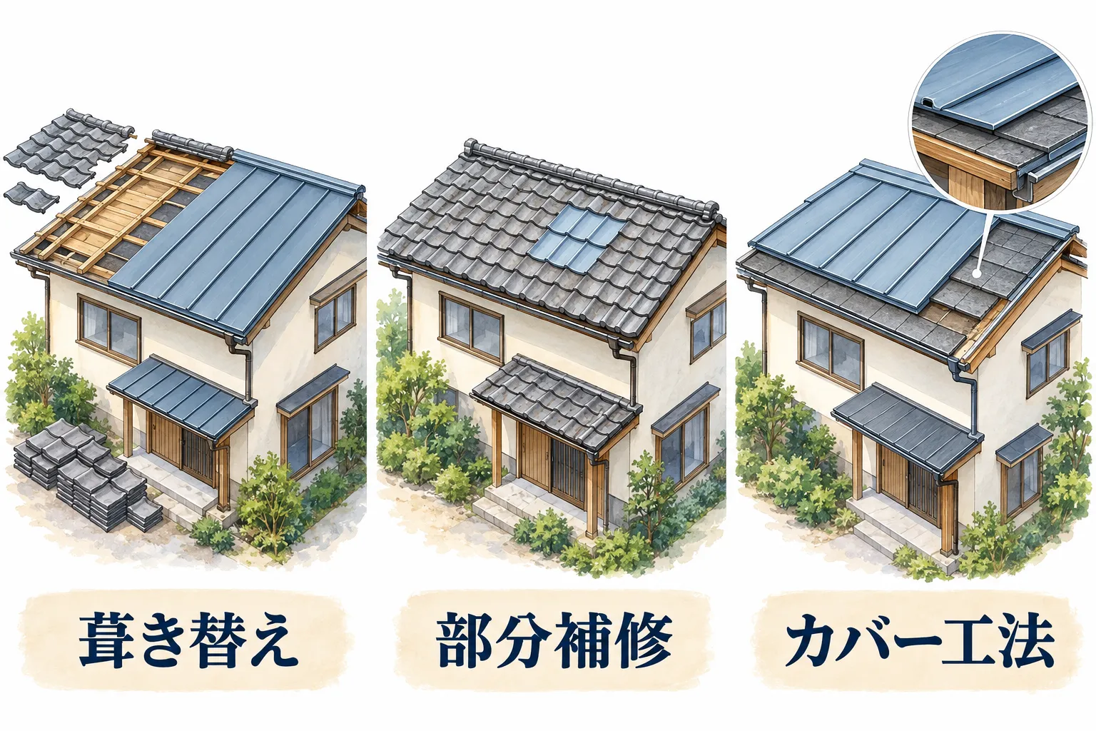 左は古い屋根材を撤去して新しい屋根材へ交換する葺き替え、中央は屋根材の一部を直す部分補修、右は既存のスレート屋根に新しい屋根材を重ねるカバー工法の比較イラスト