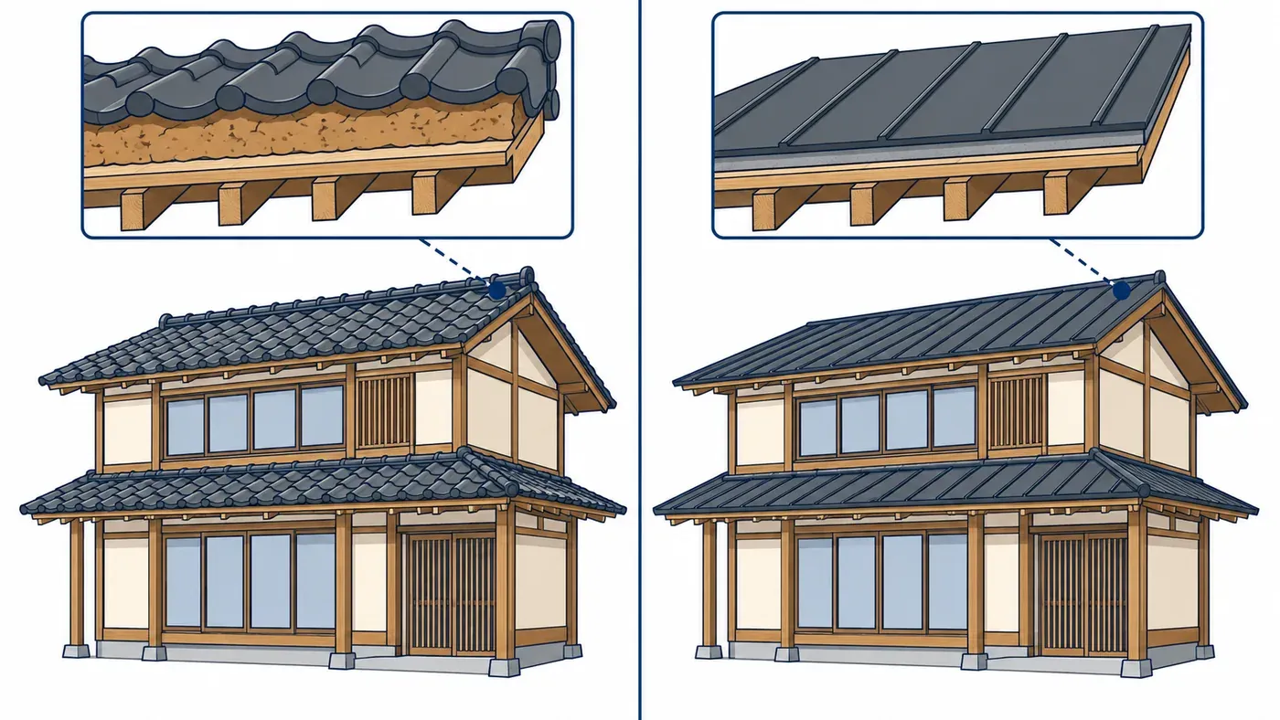 同じ2階建ての家の比較。左は瓦の下に厚い土を敷いた重い屋根、右は薄い金属板の軽い屋根。それぞれ屋根の断面を拡大して示している
