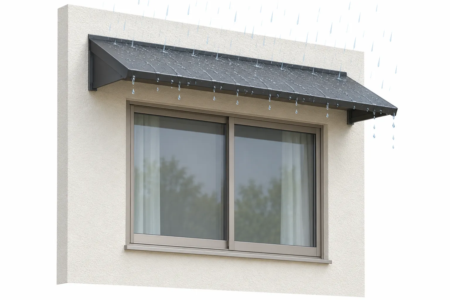 窓の上に張り出した庇が雨を受け、先端から雨水が落ちる様子を示した図