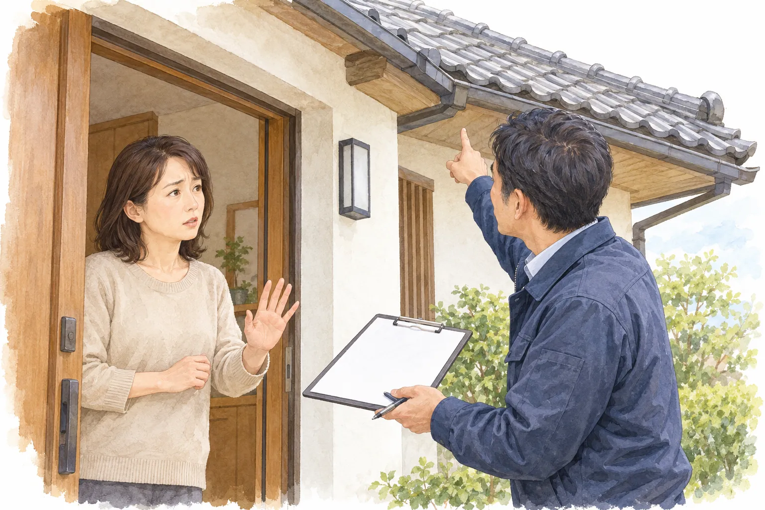 玄関先で訪問者が屋根を指さし、契約書とペンを差し出して契約を迫る様子と、戸惑いながら手を上げる住人のイラスト