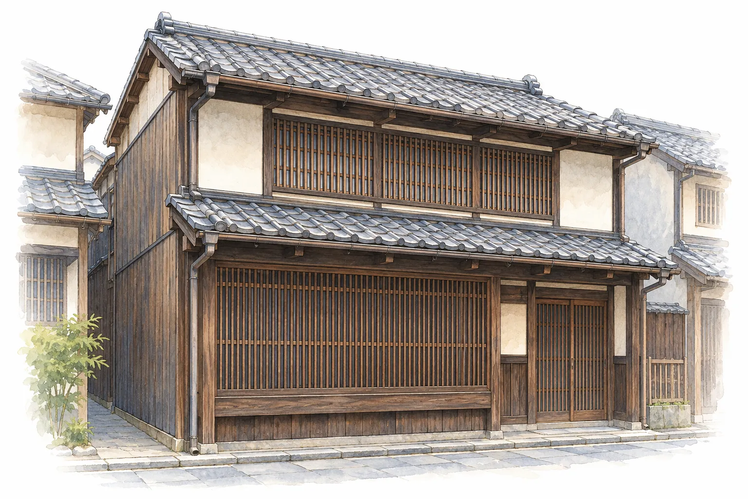 瓦屋根と木の格子を持ち、通りに面した側に入口がある二階建ての京町家の外観イラスト