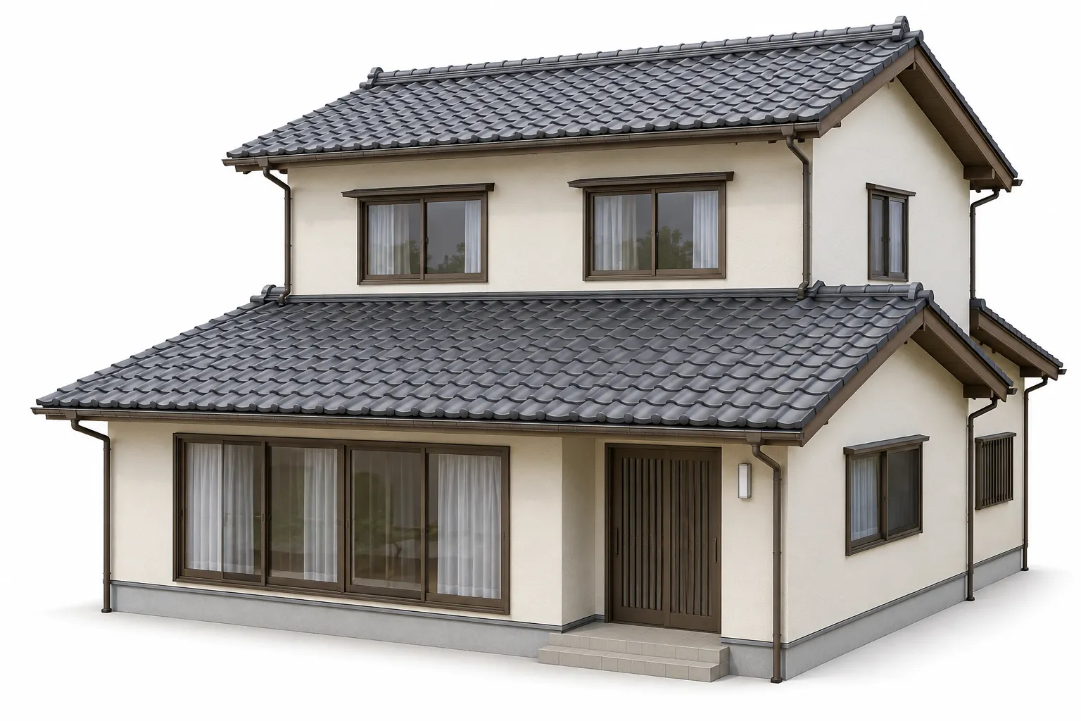 2階の屋根より低い位置で、張り出した1階部分を覆う下屋の位置を示す住宅の図