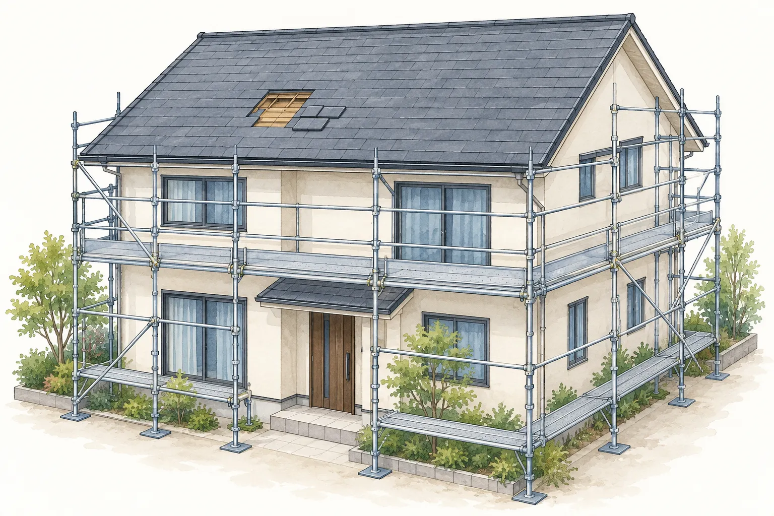 住宅の周囲に一時的な足場を組み、スレート屋根の一部分を補修する範囲を示した図