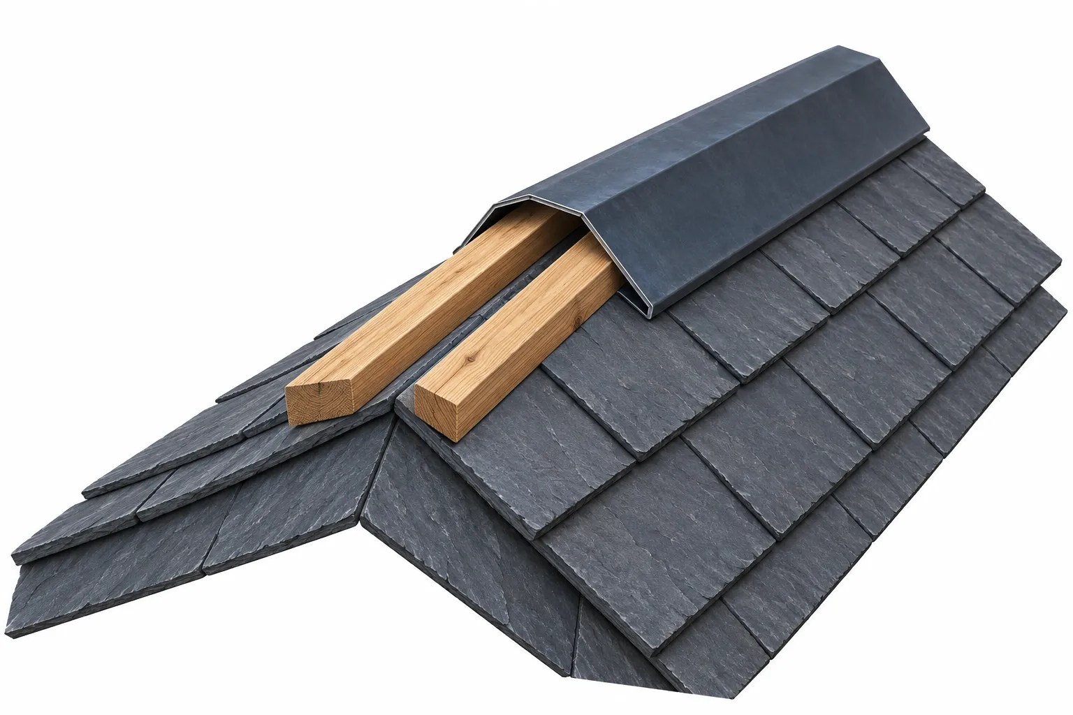 棟板金の一部を省略し、内側の木製の貫板が見えるようにした屋根の棟の図