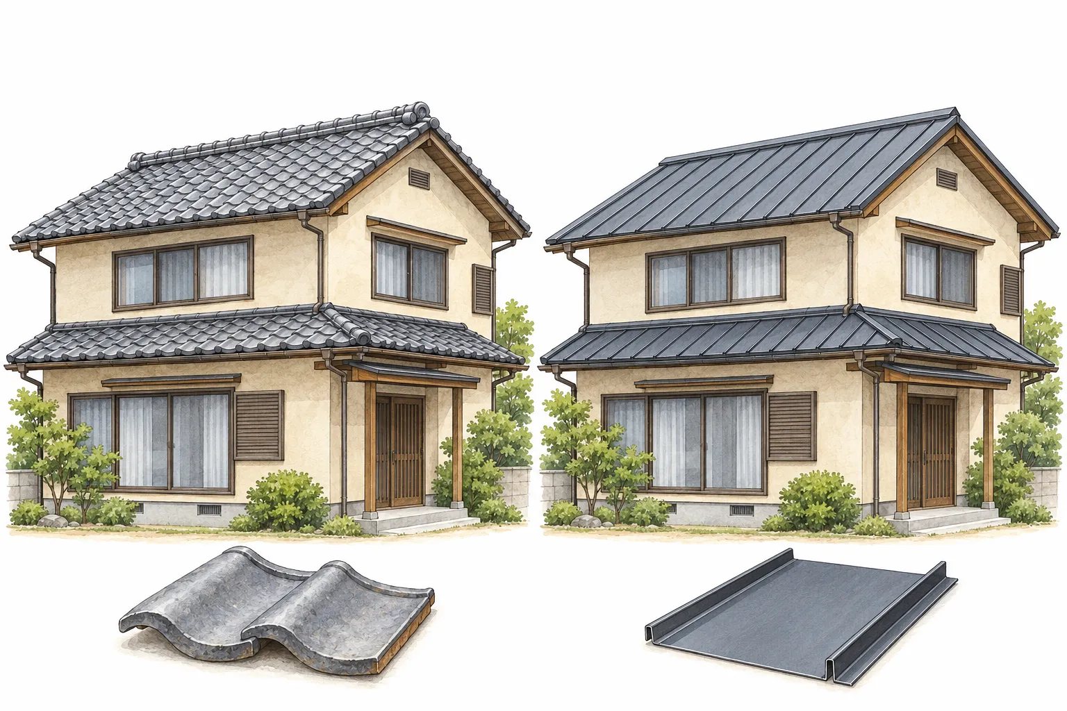 同じ住宅の瓦屋根を撤去し、軽い金属屋根へ葺き替える前後のイメージと、それぞれの屋根材の図