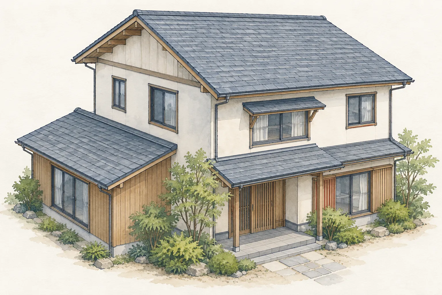 2階建ての住宅で棟、軒先、下屋、庇、屋根材の位置を示す図