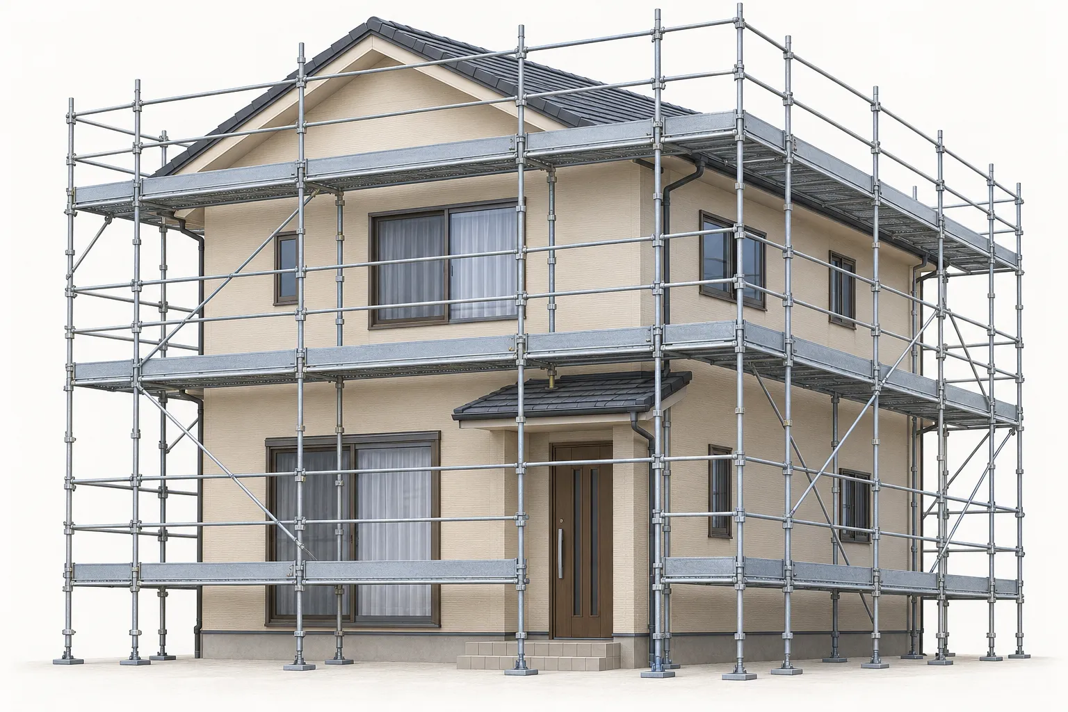 二階建ての家の周囲に、作業用の床・手すり・支柱を備えた足場を組んだ全体図