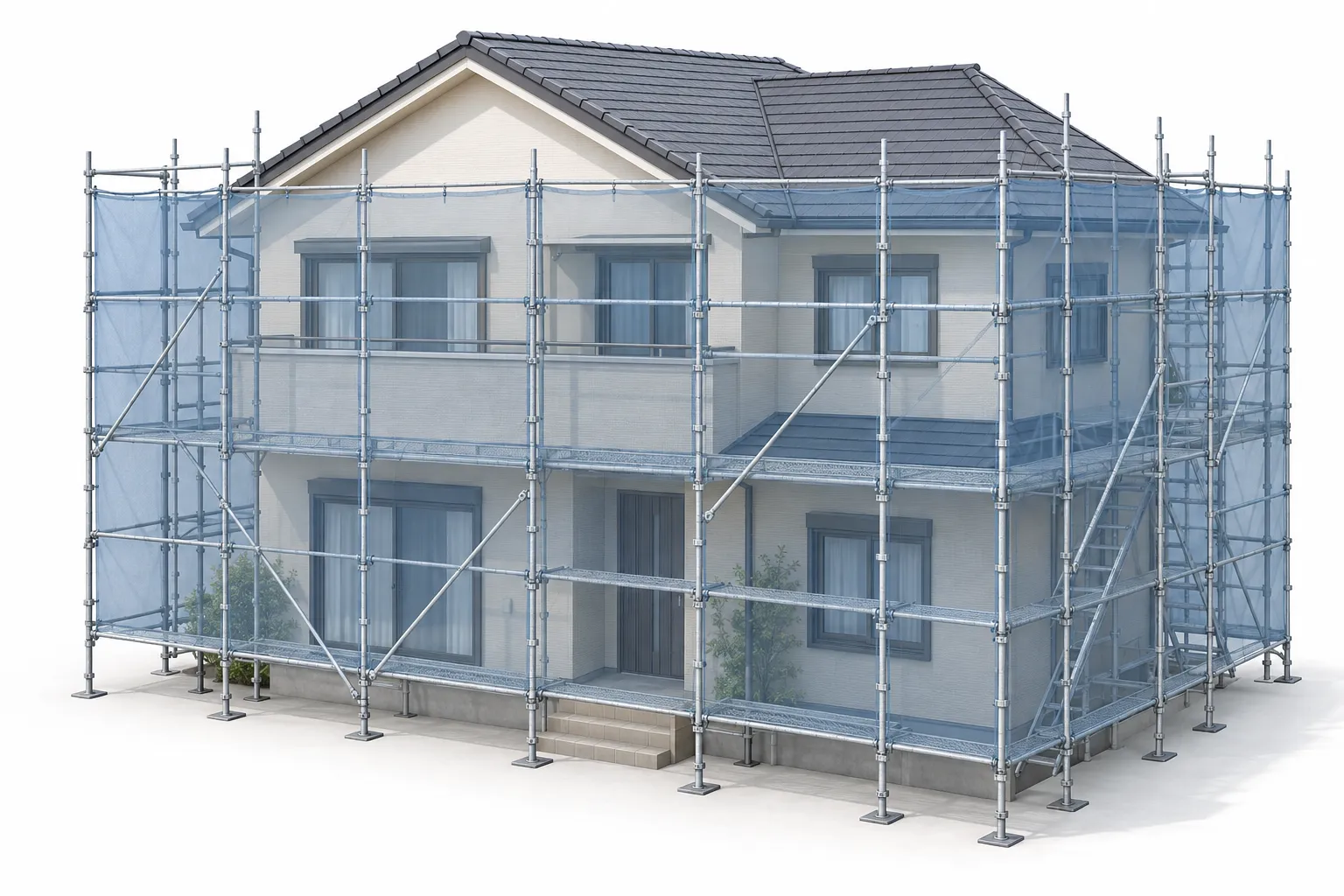 二階建て住宅の周囲に組んだ足場を、半透明のネットで覆った外観のイラスト