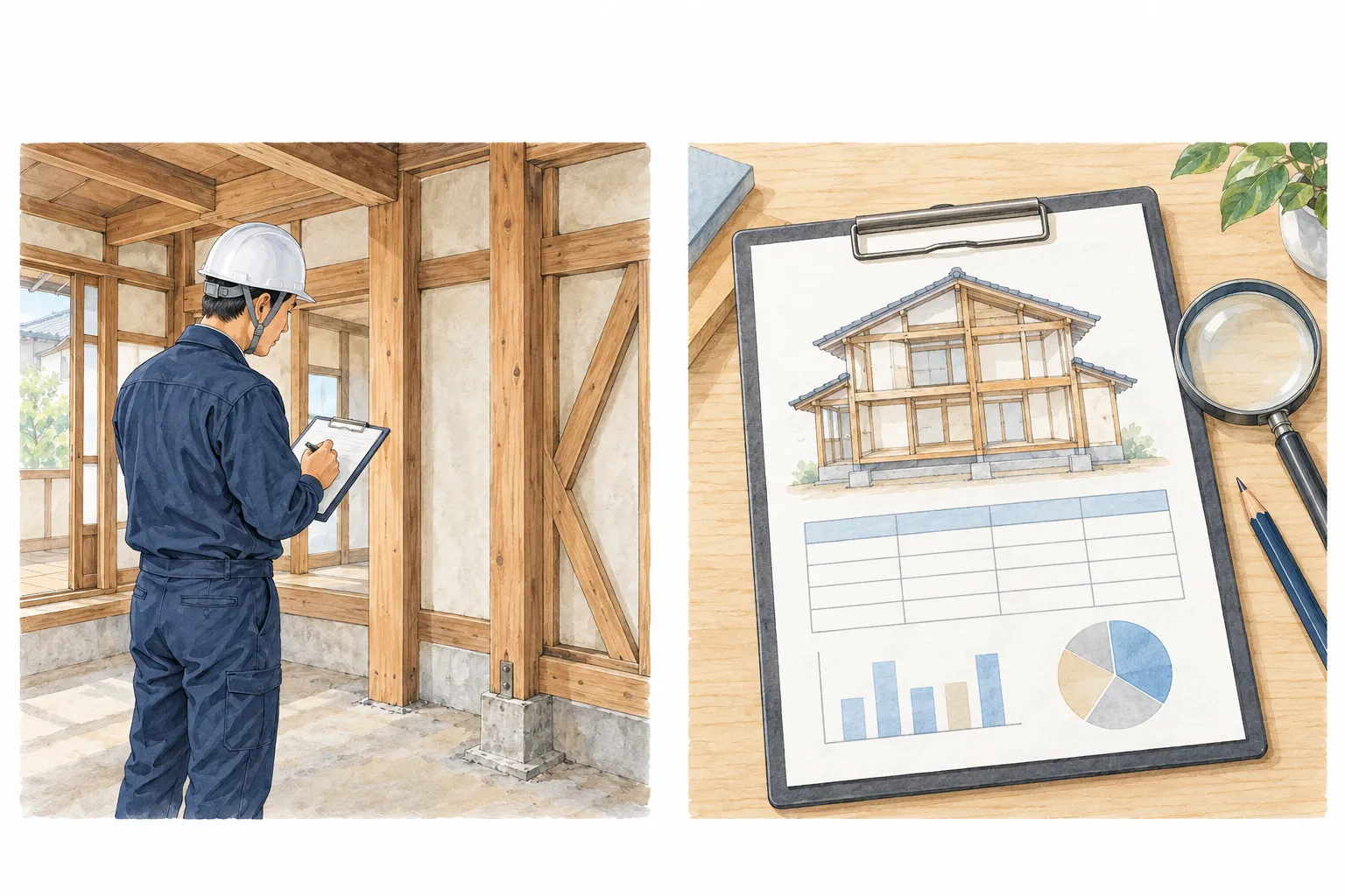 木造住宅の柱や壁を確認して記録する調査担当者と、診断結果をまとめた報告書のイメージ