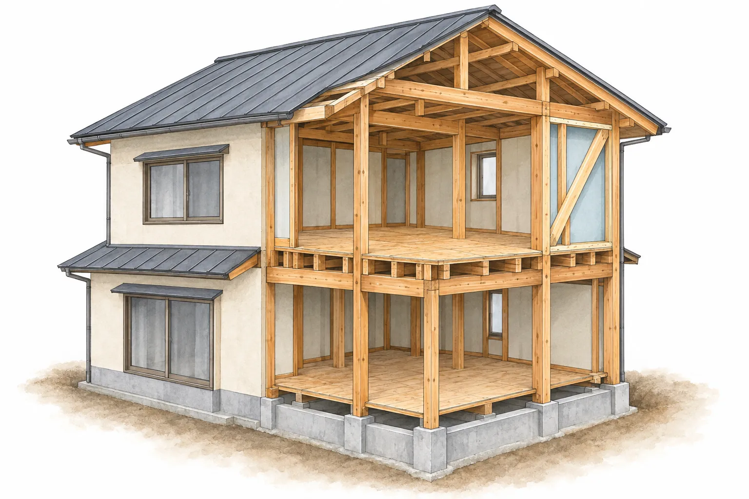 木造住宅の一部を透かして、簡易耐震改修で扱う屋根・壁・床・基礎の位置を示した模式図