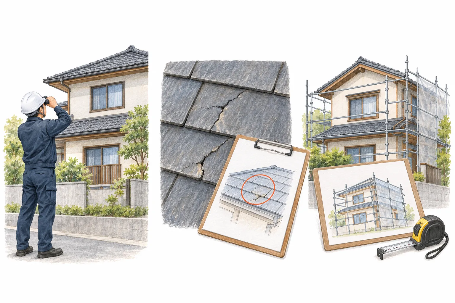 建物を地上から確認する担当者、傷んだ屋根材と記録用の図、足場の検討を表す3つのイラスト